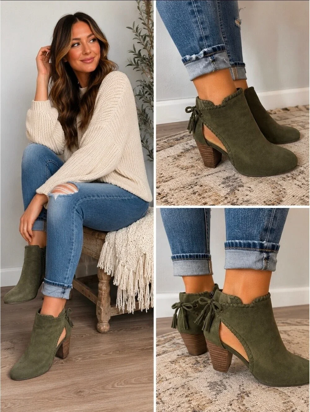 Report Olive Green Faux Suede Ankle Booties Tassel Side Zip Women's Size 7.5